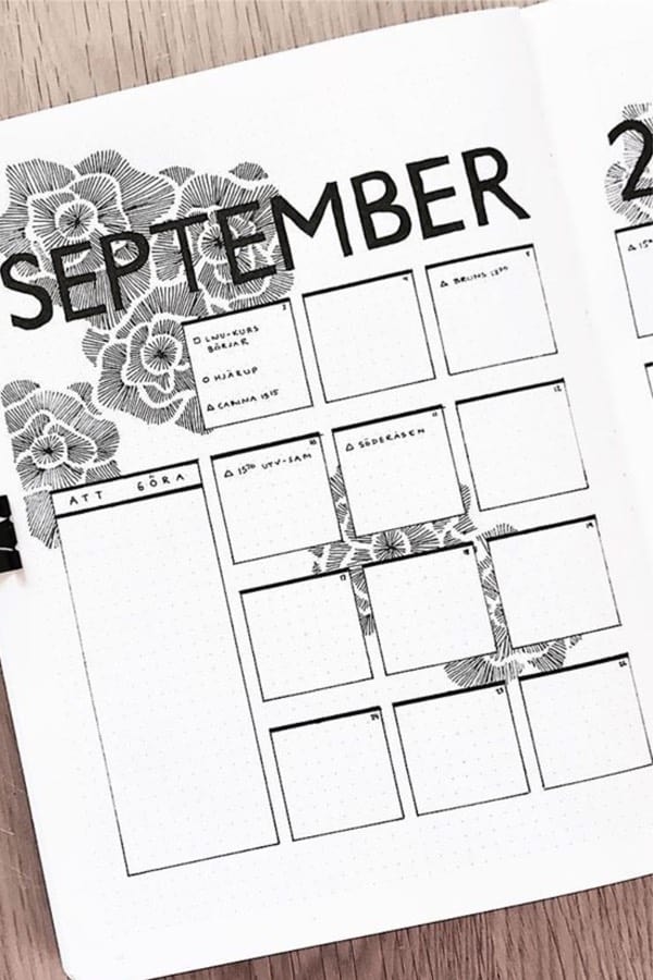 bullet journal monthly log in black and white