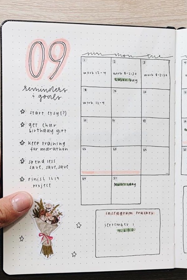 september monthly log with pink highlights