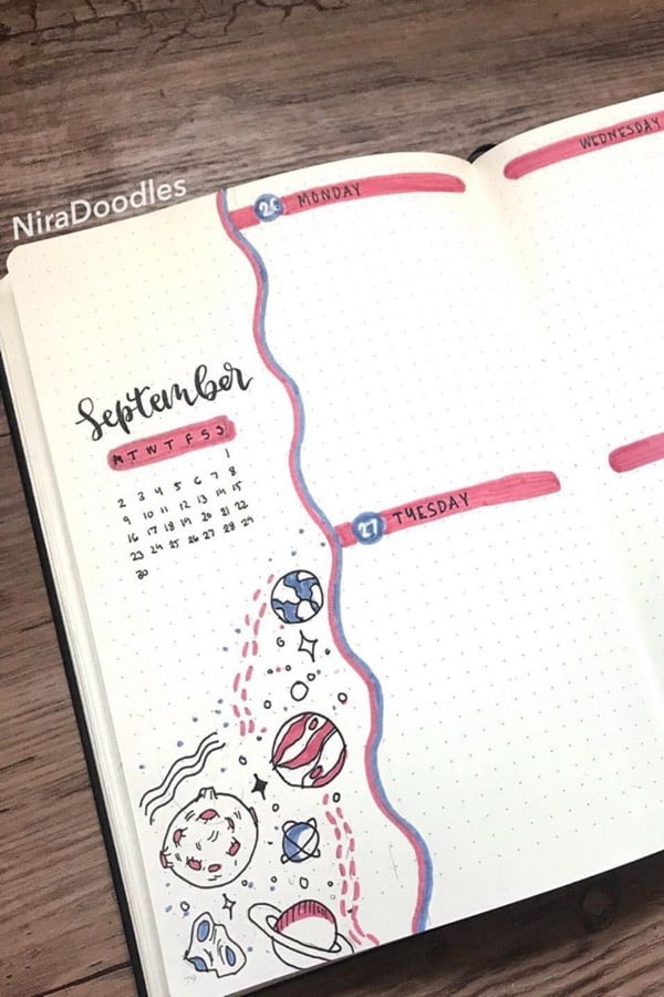 cute space doodles on september weekly layout