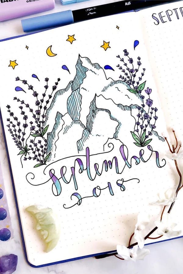 fall bujo cover with mountains