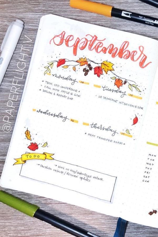 bujo spread with fall leaves