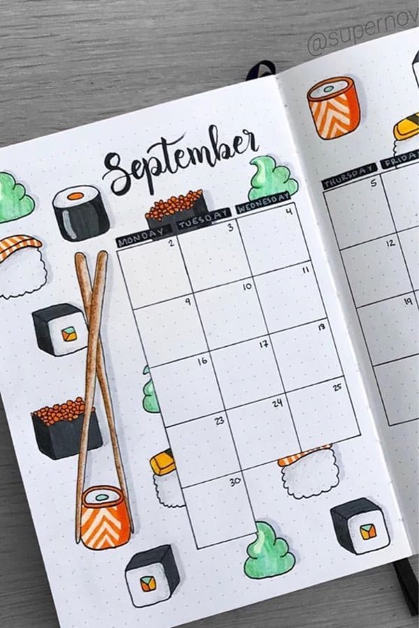 september monthly log with doodles