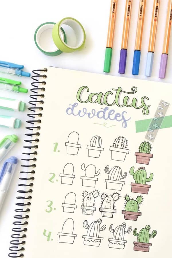 easy bujo doodles with cactus