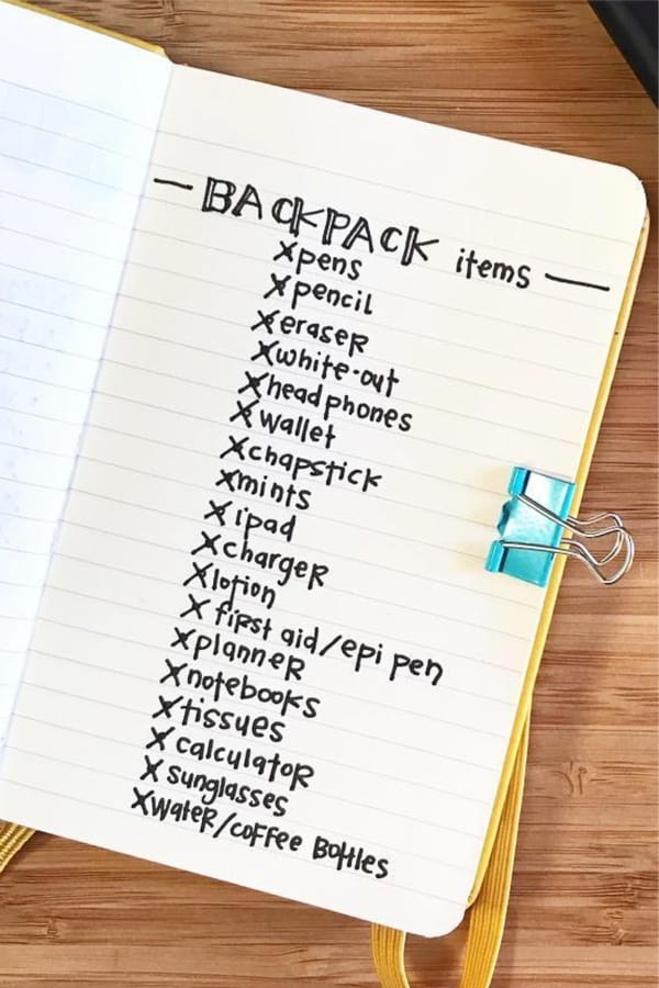 bullet journal backpack travel list