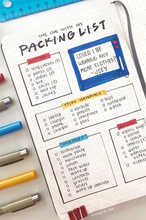 bujo packing list with friends theme
