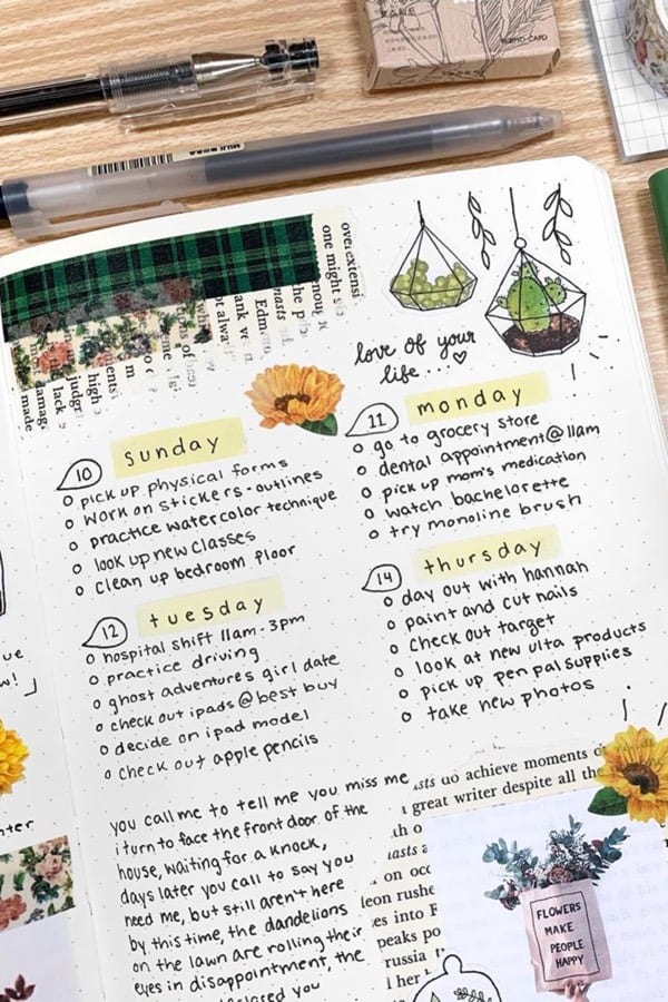 bujo weekly ayouts with yellow