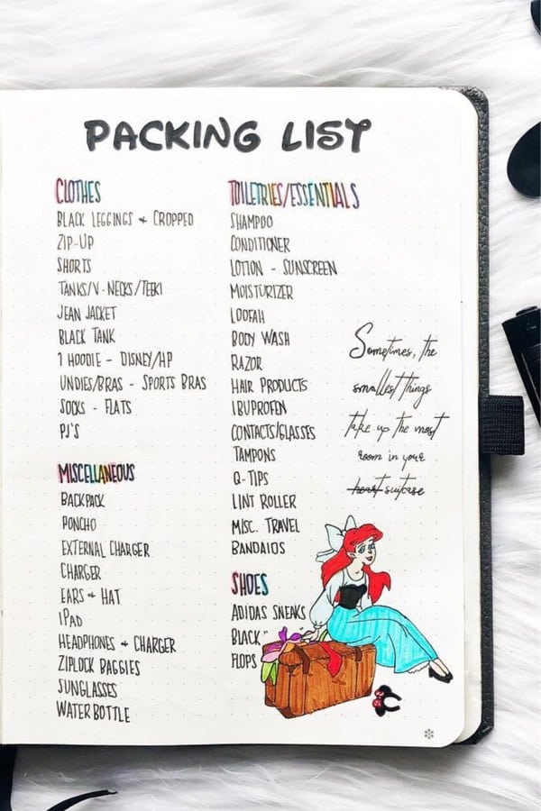 bullet journal packing list for disney