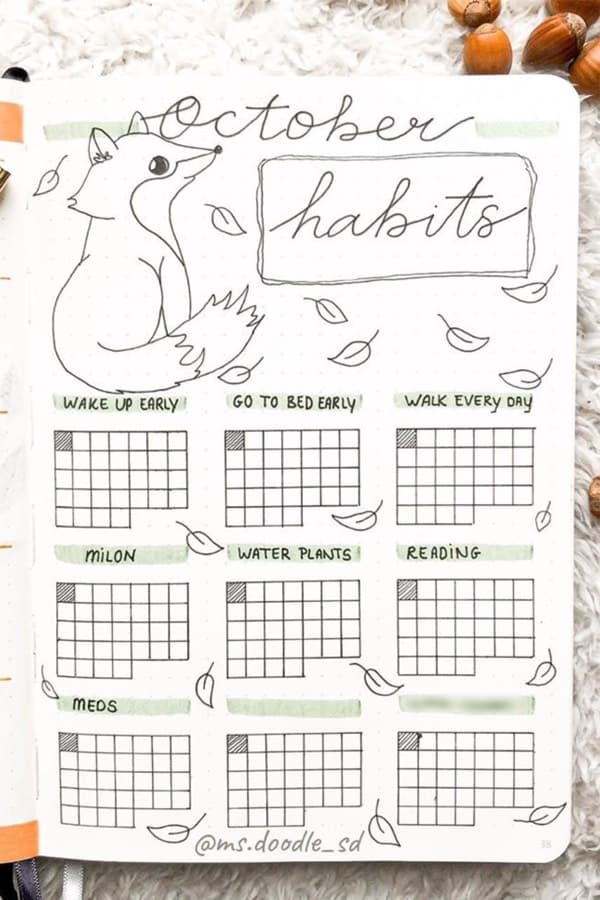 bullet journal tracker with fox theme