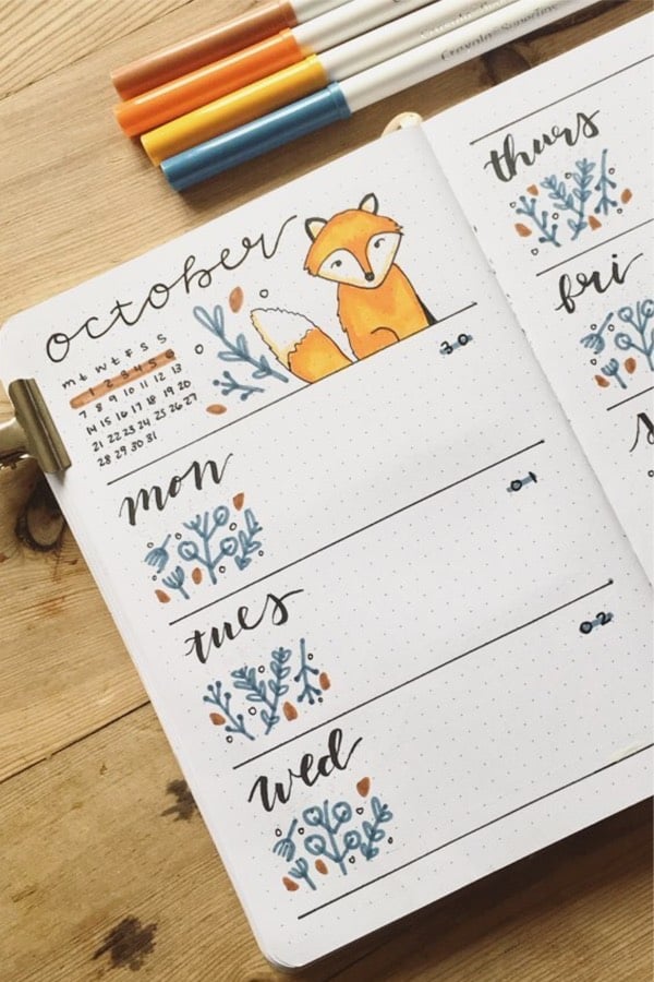 october bullet journal spread with fox theme