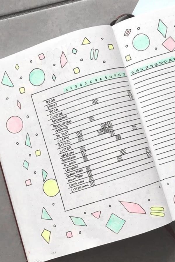 bujo cleaning log with pastel colors