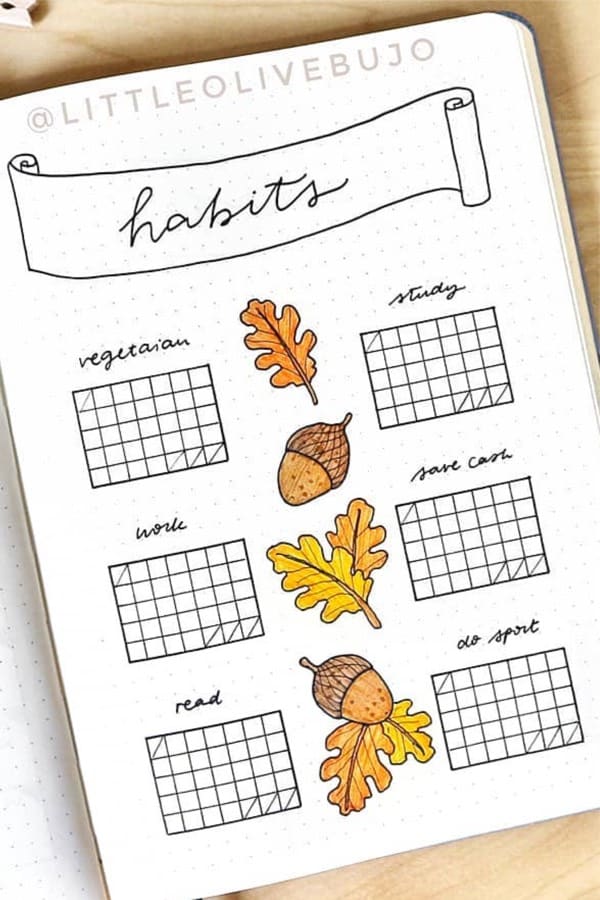 bullet journal habit tracking layout with fall theme