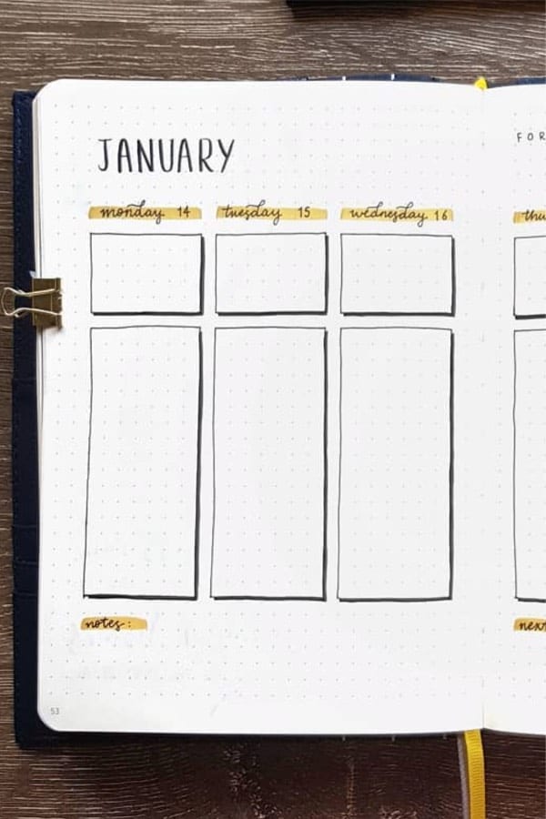 bullet journal vertical layout ideas with yellow
