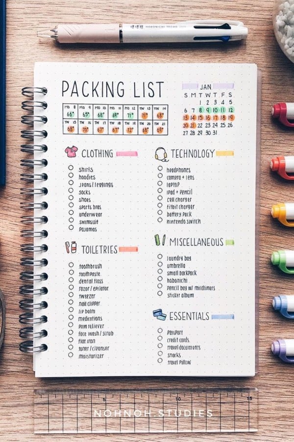 colorful packing list spread for bullet journal
