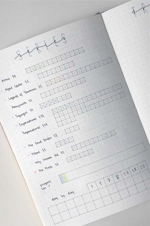 bullet journal page for tv series tracker