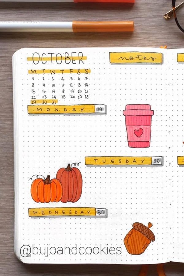 october bujo spread with pumpkin doodles