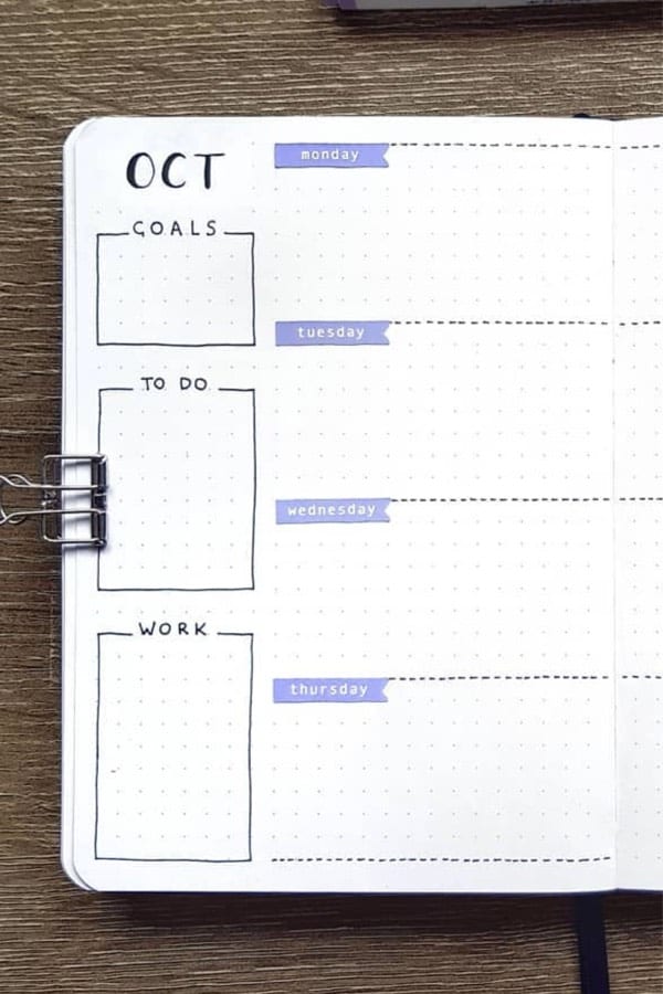 october weekly spread with purple accent