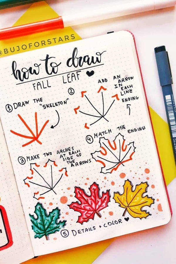 how to draw fall leaves in bullet journal