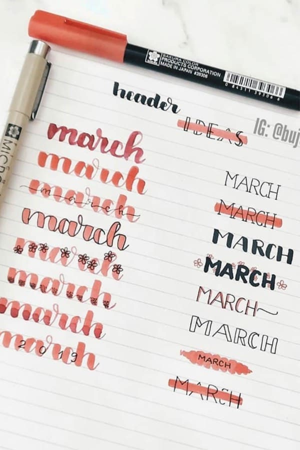 simple example for red bullet journal headers