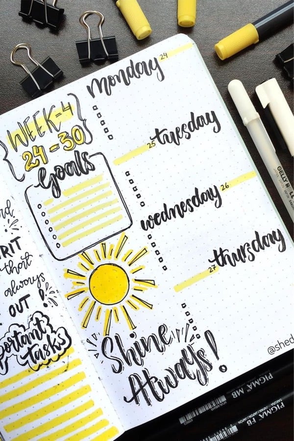 bullet journal spread with yellow sun