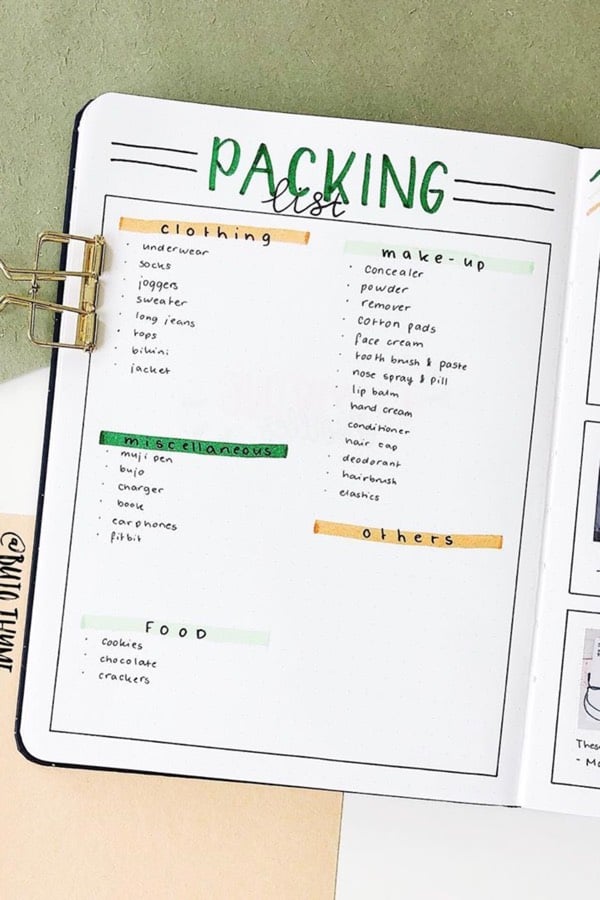 bullet journal tracker for camping packing