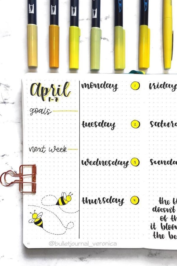 bujo weekly layout ideas with bee theme