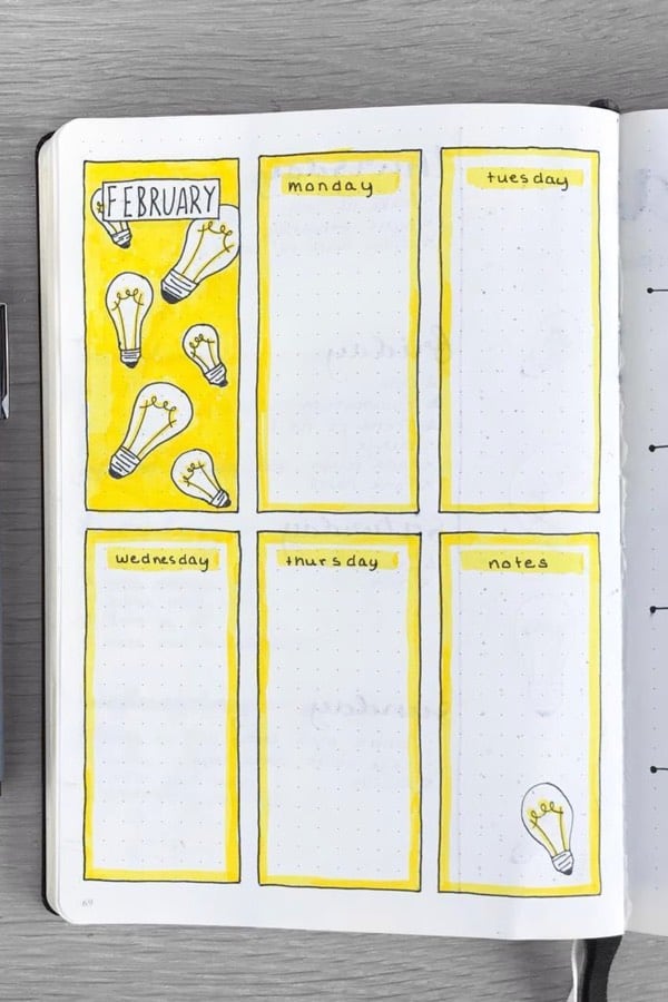boxy theme bujo spread with yellow highlights