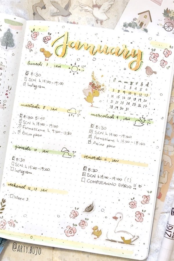 january weekly layout with yellow doodles