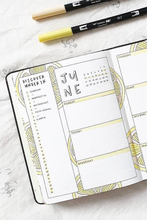 best bullet journal spreads with yellow