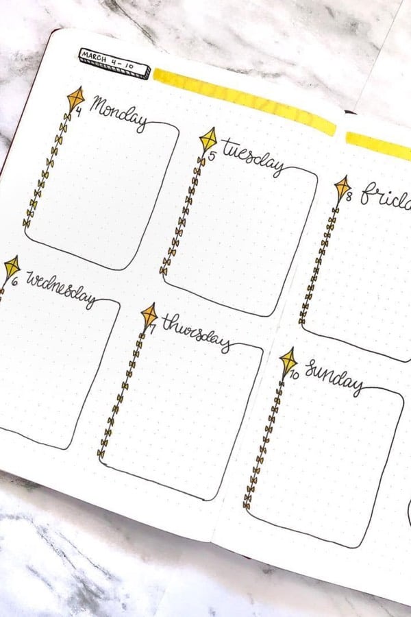 simple bujo layout with yellow accents