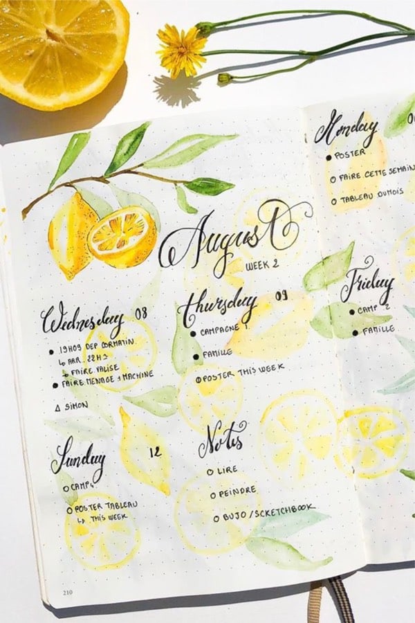 august weekly spread with yellow lemons