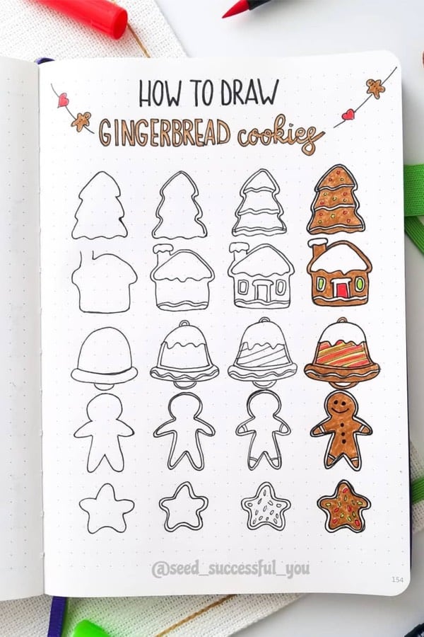 step by stpe gingerbread cookie doodle in bujo