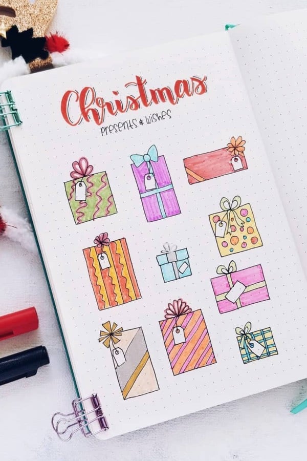 how to doodle holiday presents in bullet journal