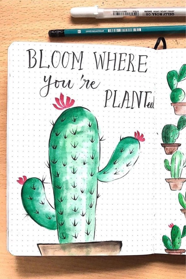 bujo quote page with cactus theme