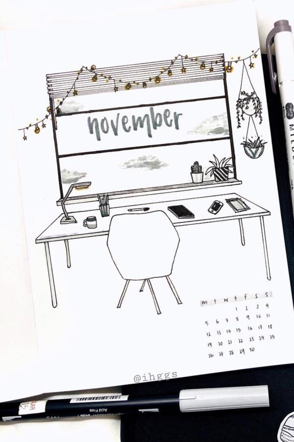 november bujo cover with desk doodle