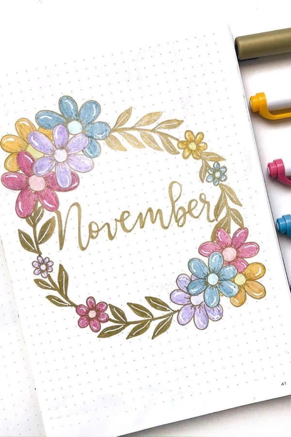 bujo cover spread with flowers for november