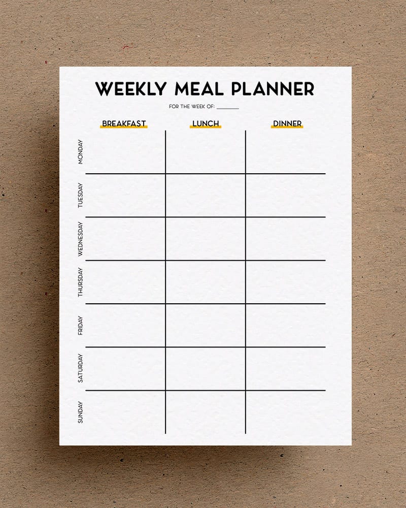 meal planning printable for one week
