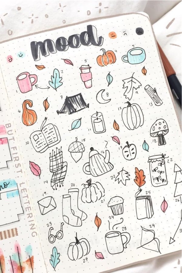 mood tracking spread with autumn doodles