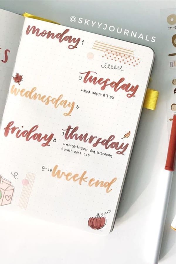 autumn colored weekly log for november