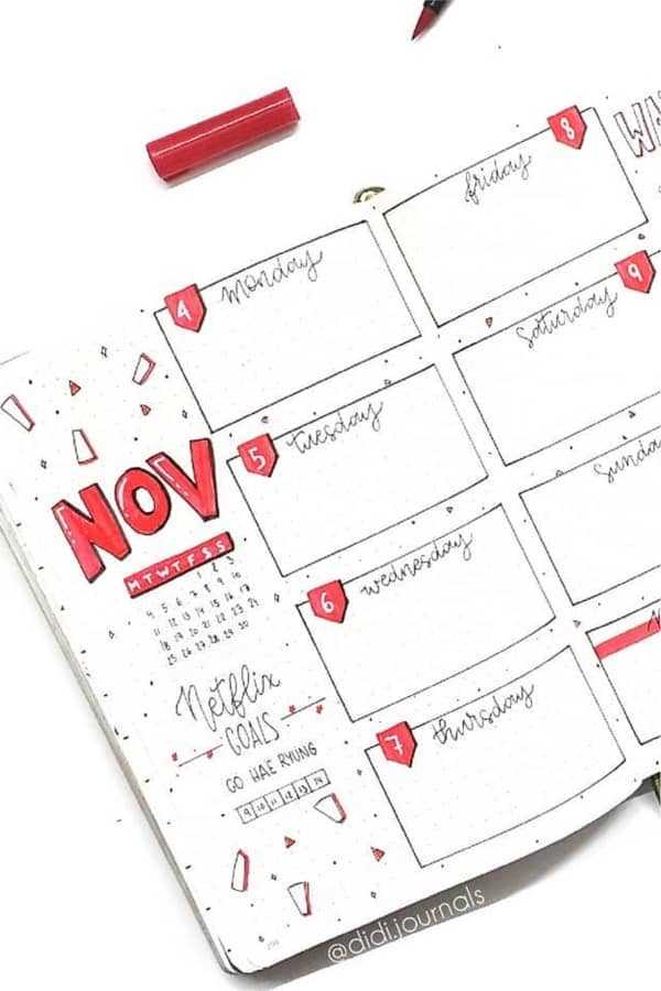 november weekly spread example in red