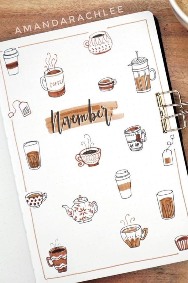 cute bujo cover idea with coffee doodles