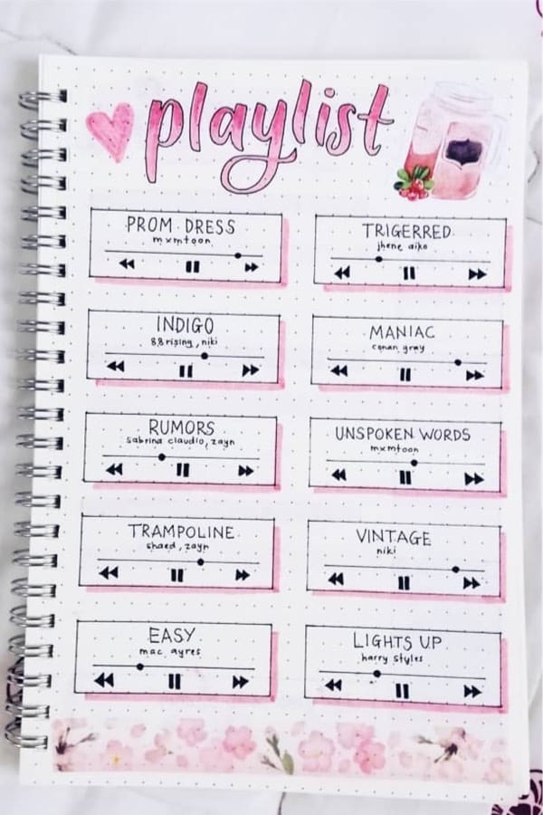 bujo playlist spread in pink