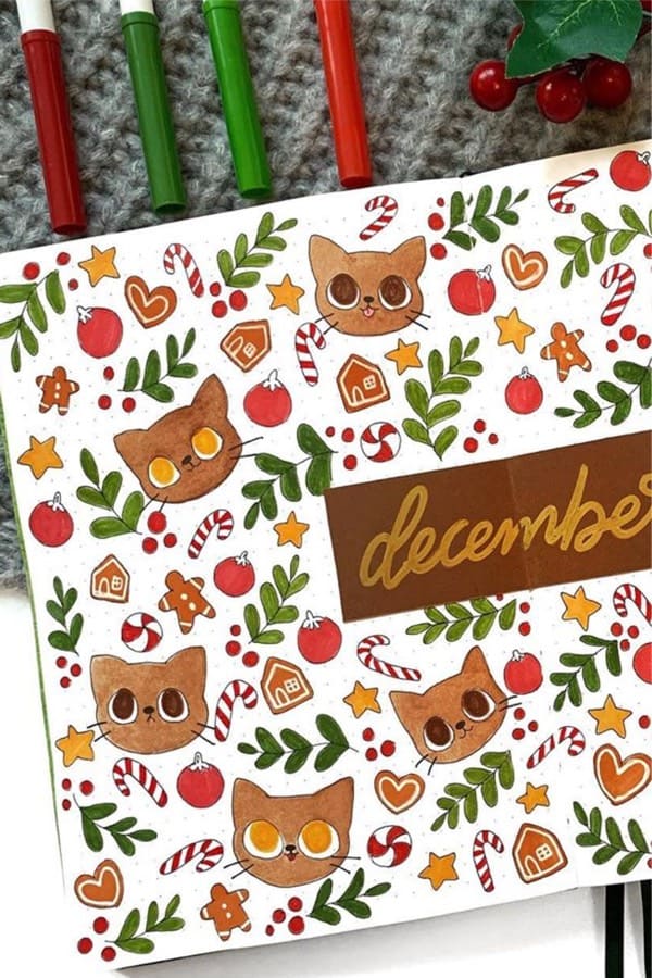 december bujo cover with doodles