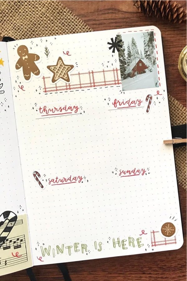 december bujo spread with stickers