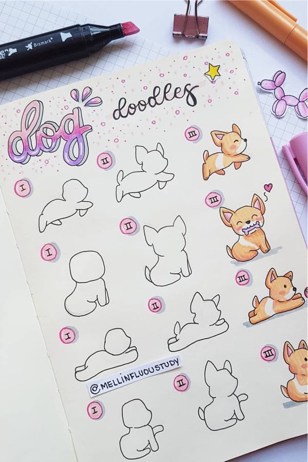 step by step dog doodles for bujo