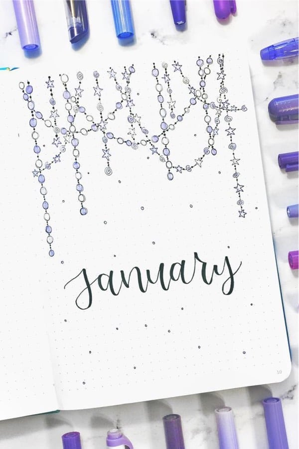 january bujo cover with purple theme
