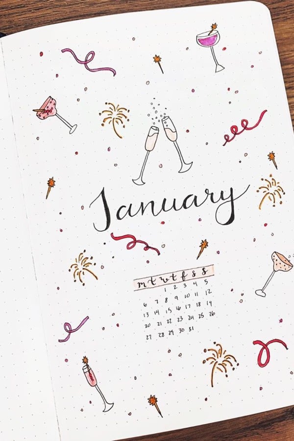 bullet journal cover spread with new year theme