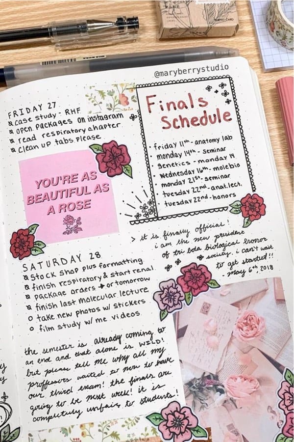 bullet journal spread with pink roses