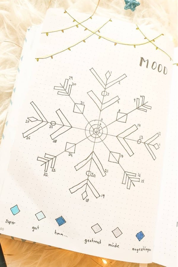 bujo mood tracker with snowflake doodles