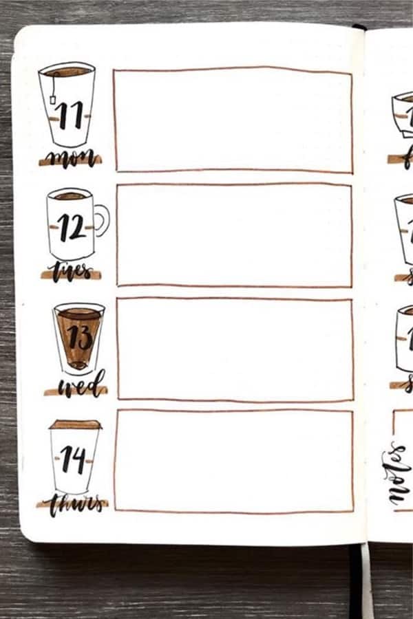 bujo layout ideas with coffee doodles