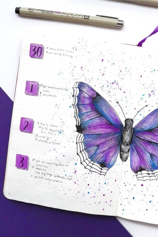 purple butterflies on bullet journal spread